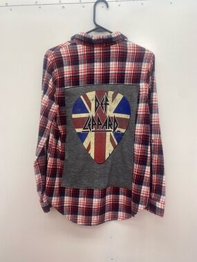 Upcycled Def Leppard patch Red, White & Navy Plaid Flannel Shirt
